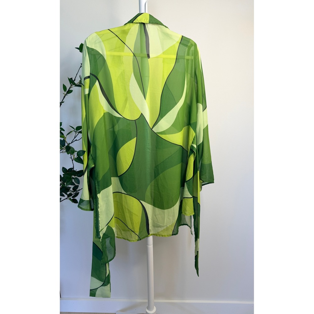 Green Abstract  Print Sheer Mesh Tie Front Beach Cover Up Bell Sleeve Top L/XL - Picture 5 of 5